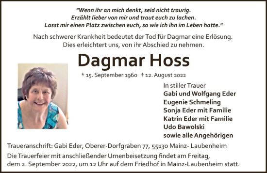 Traueranzeige von Dagmar Hoss von vrm-trauer AZ Mainz