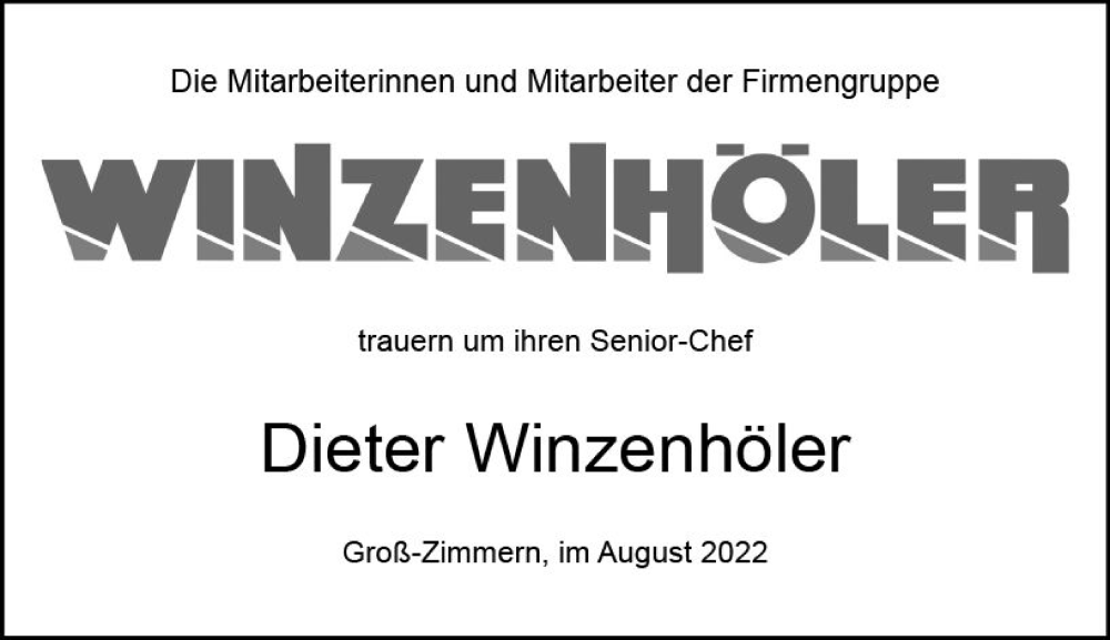  Traueranzeige für Dieter Winzenhöler vom 27.08.2022 aus vrm-trauer DieburgerAnzeiger/Groß-Zimmerner Lokala