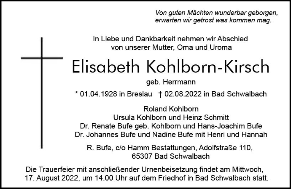  Traueranzeige für Elisabeth Kohlborn-Kirsch vom 13.08.2022 aus vrm-trauer WK-UTA