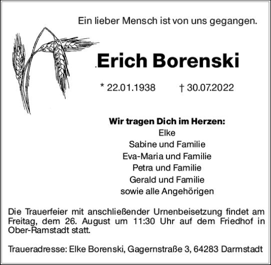 Traueranzeige von Erich Borenski von vrm-trauer Darmstädter Echo