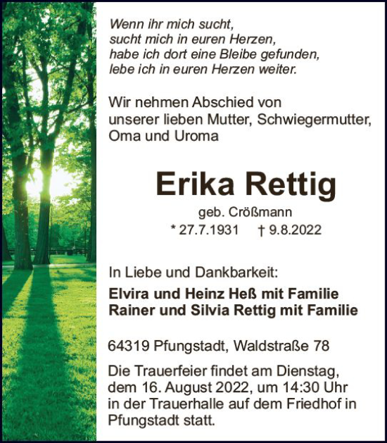 Traueranzeige von Erika Rettig von vrm-trauer Darmstädter Echo