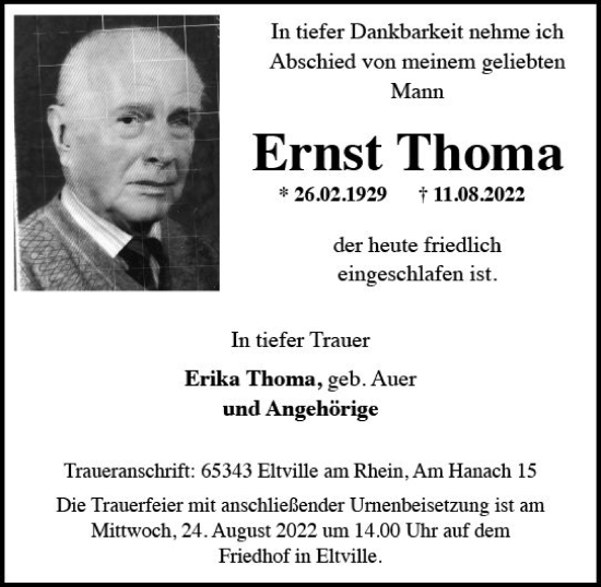 Traueranzeige von Ernst Thoma von vrm-trauer Wiesbadener Kurier