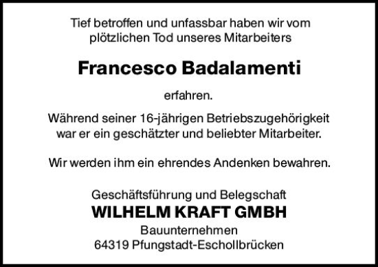 Traueranzeige von Francesco Badalamenti von vrm-trauer Darmstädter Echo