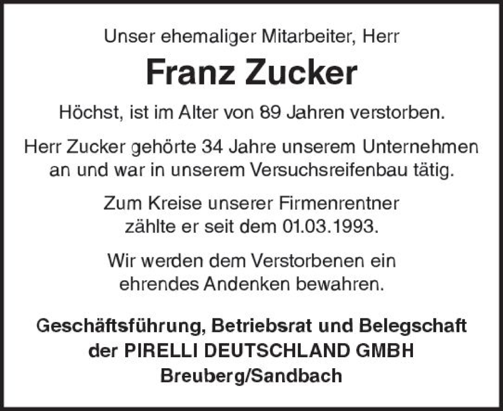 Traueranzeige für Franz Zucker vom 19.08.2022 aus vrm-trauer Odenwälder Echo
