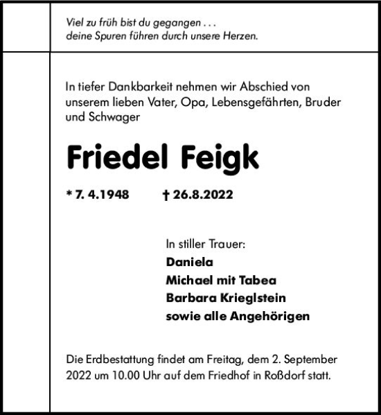Traueranzeige von Friedel Feigk von vrm-trauer Darmstädter Echo