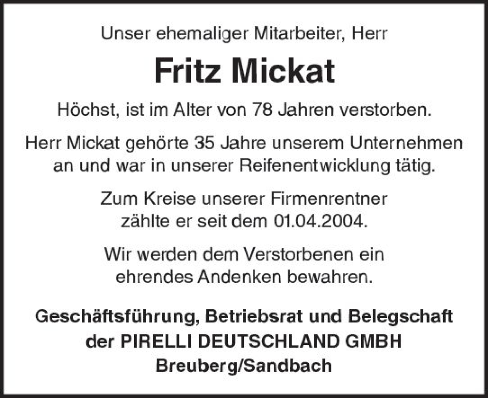  Traueranzeige für Fritz Mickat vom 19.08.2022 aus vrm-trauer Odenwälder Echo