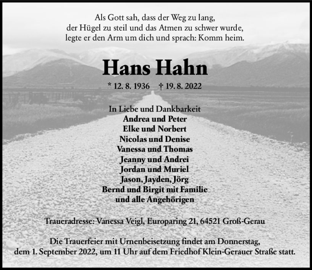  Traueranzeige für Hans Hahn vom 27.08.2022 aus vrm-trauer Groß-Gerauer Echo