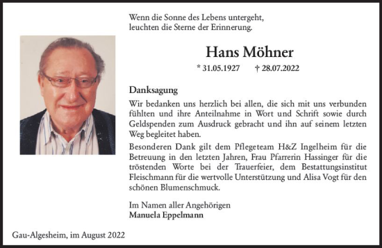 Traueranzeige von Hans Möhner von vrm-trauer Allgemeine  Zeitung Ingelheim-Bingen
