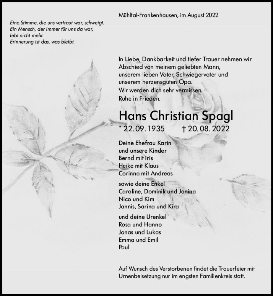  Traueranzeige für Hans Christian Spagl vom 27.08.2022 aus vrm-trauer Darmstädter Echo