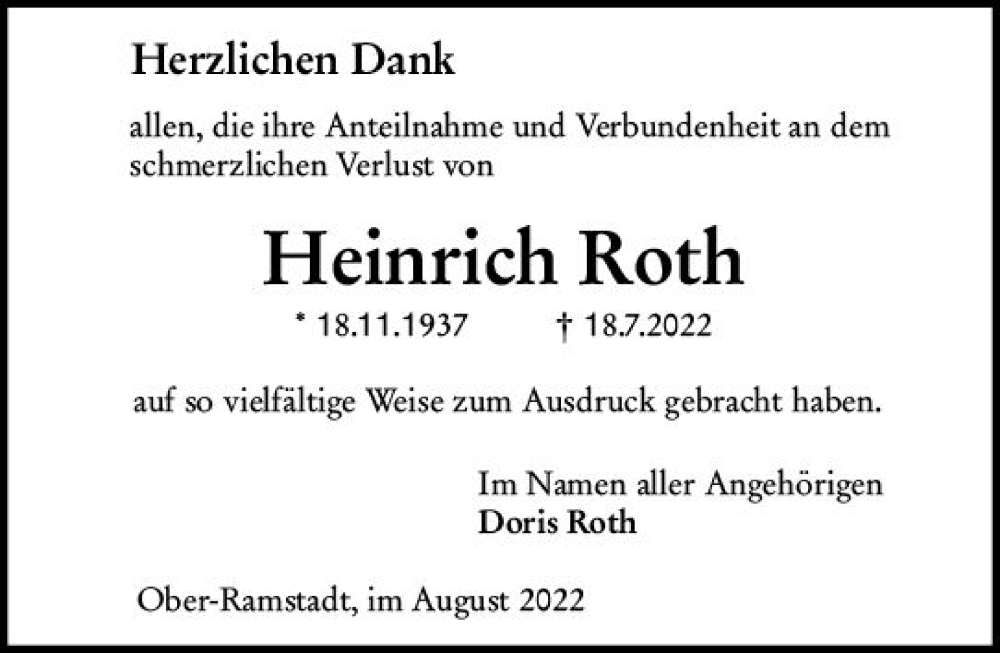  Traueranzeige für Heinrich Roth vom 20.08.2022 aus vrm-trauer Darmstädter Echo