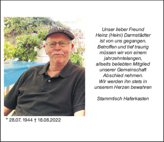 Traueranzeige von Heinz Darmstädter von vrm-trauer Rüsselsheimer Echo / MainSpitze