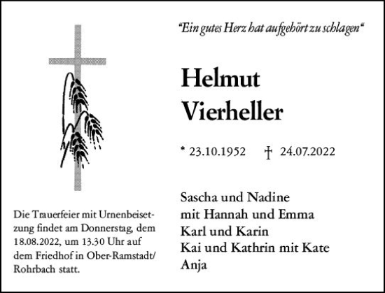 Traueranzeige von Helmut Vierheller von vrm-trauer Darmstädter Echo