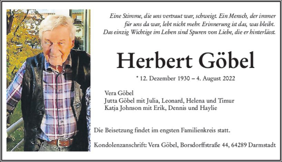 Traueranzeige von Herbert Göbel von vrm-trauer Darmstädter Echo