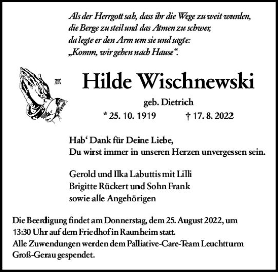 Traueranzeige von Hilde Wischnewski von vrm-trauer Rüsselsheimer Echo / MainSpitze