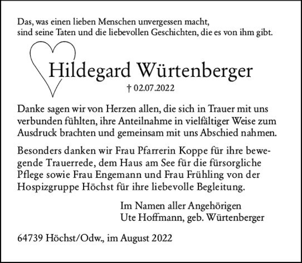  Traueranzeige für Hildegard Würtenberger vom 27.08.2022 aus vrm-trauer Odenwälder Echo