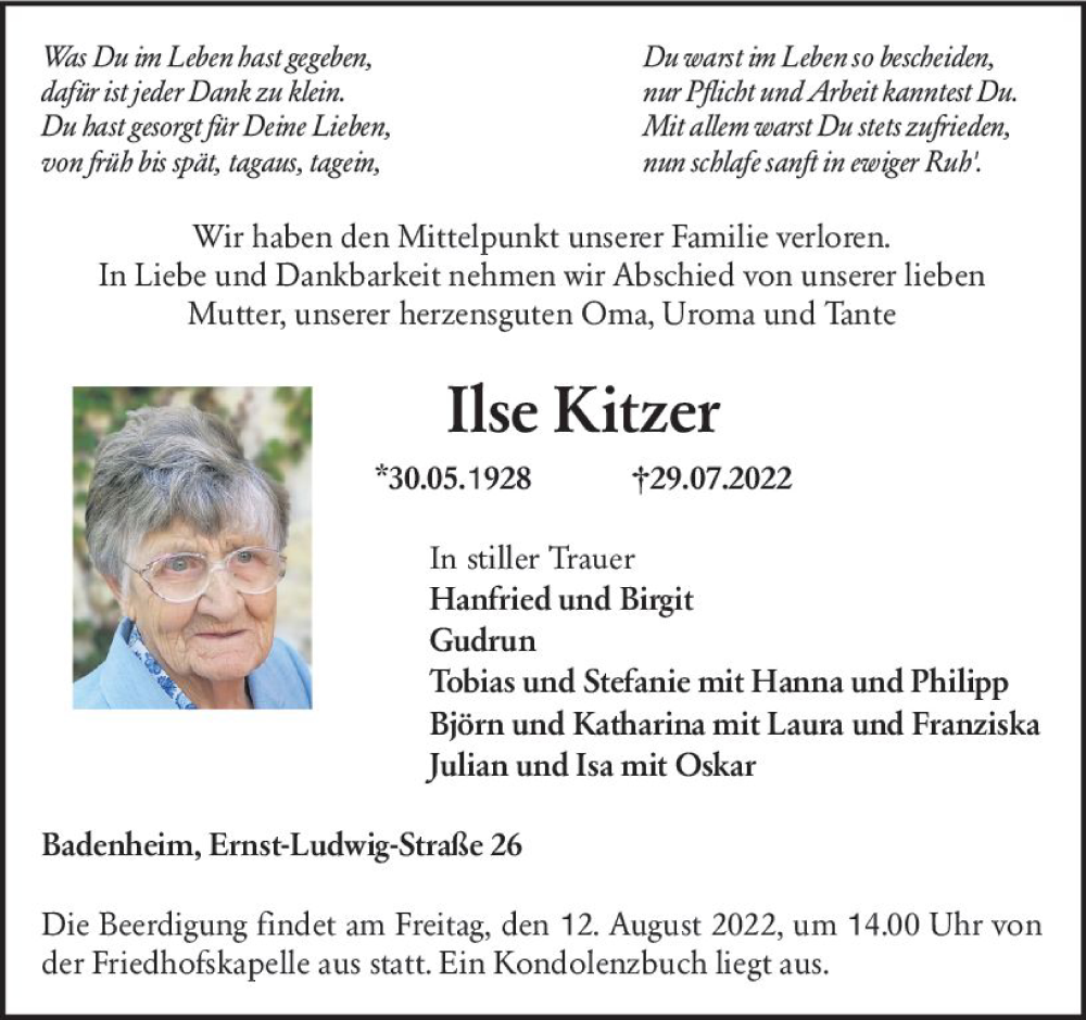  Traueranzeige für Ilse Kitzer vom 09.08.2022 aus vrm-trauer Allg. Zeitung Bad Kreuznach
