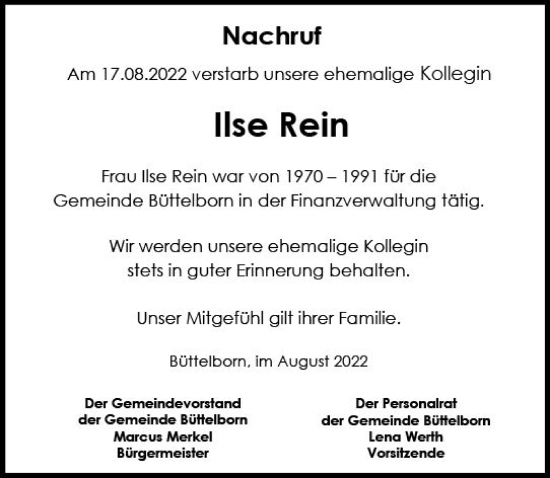 Traueranzeige von Ilse Rein von vrm-trauer Groß-Gerauer Echo