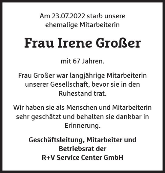 Traueranzeige von Irene Großer von vrm-trauer Wiesbadener Kurier