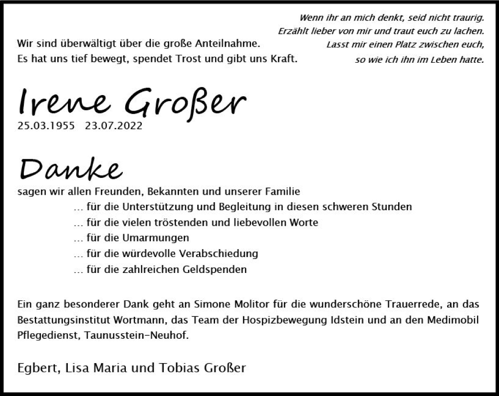  Traueranzeige für Irene Großer vom 20.08.2022 aus vrm-trauer Wiesbadener Kurier
