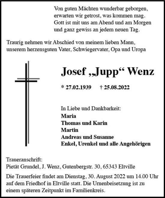 Traueranzeige von Josef Wenz von vrm-trauer Rheingau