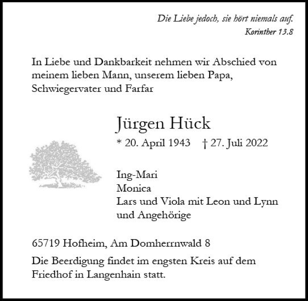  Traueranzeige für Jürgen Hück vom 05.08.2022 aus vrm-trauer Hochheimer Zeitung