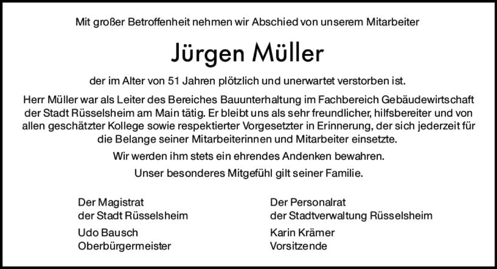  Traueranzeige für Jürgen Müller vom 06.08.2022 aus vrm-trauer Rüsselsheimer Echo / MainSpitze