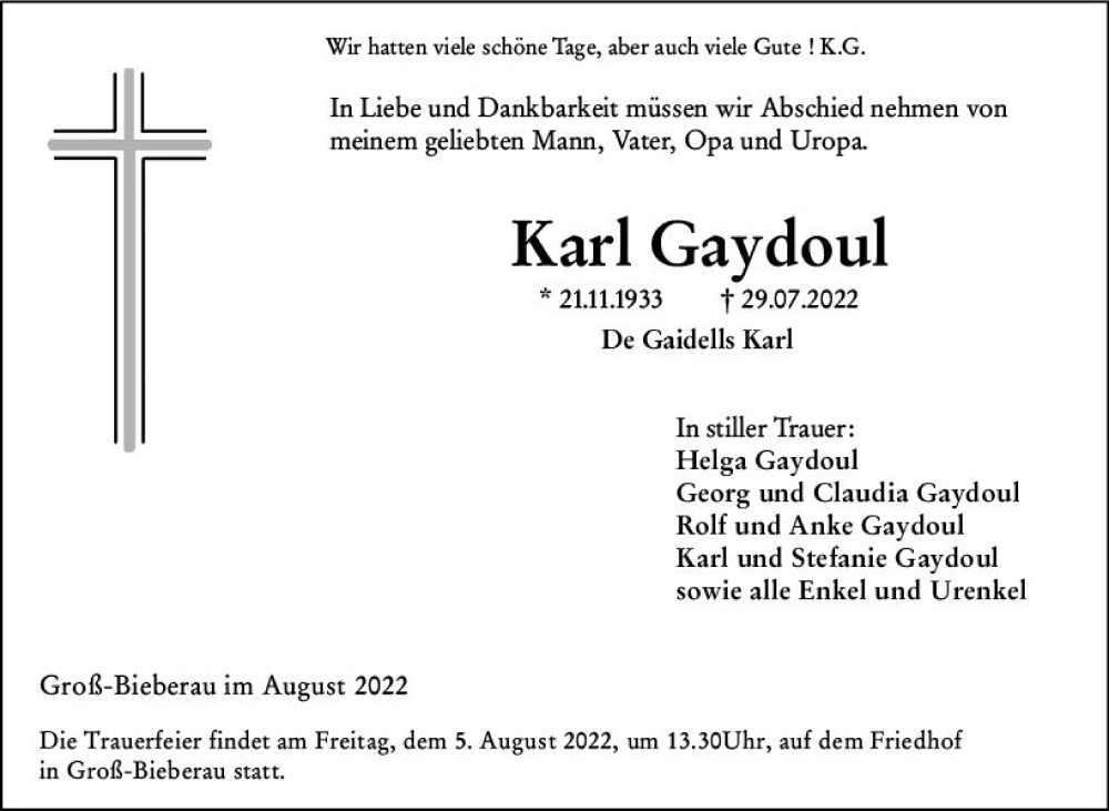  Traueranzeige für Karl Gaydoul vom 03.08.2022 aus vrm-trauer Darmstädter Echo