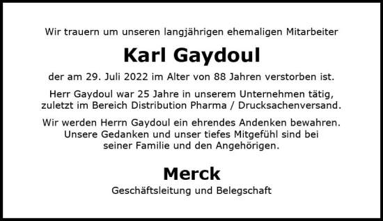 Traueranzeige von Karl Gaydoul von vrm-trauer Darmstädter Echo