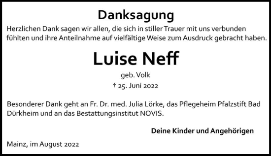 Traueranzeige von Luise Neff von vrm-trauer AZ Mainz