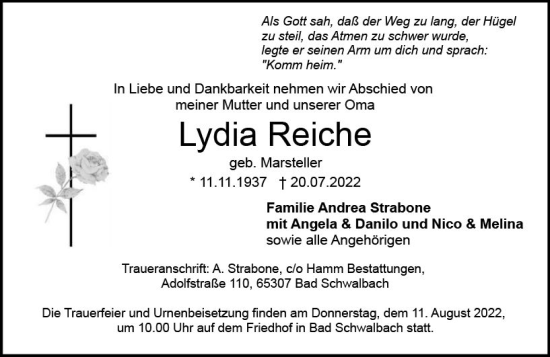 Traueranzeige von Lydia Reiche von vrm-trauer WK-UTA