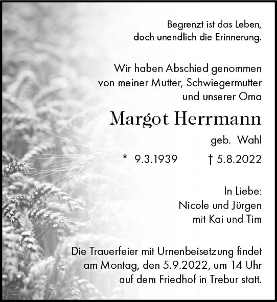 Traueranzeige für Margot Herrmann vom 12.08.2022 aus vrm-trauer Groß-Gerauer Echo