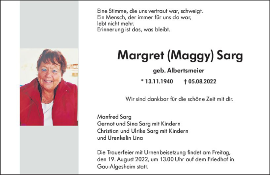 Traueranzeige von Margret Sarg von vrm-trauer Allgemeine  Zeitung Ingelheim-Bingen
