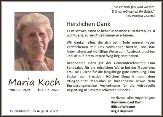 Traueranzeige von Maria Koch von vrm-trauer AZ Mainz