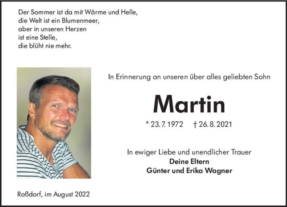  Traueranzeige für Martin Wagner vom 26.08.2022 aus vrm-trauer Darmstädter Echo