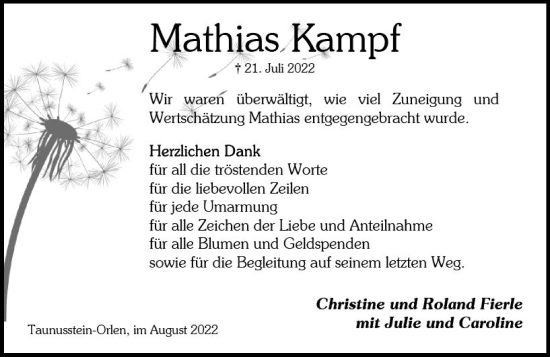 Traueranzeige von Mathias Kampf von vrm-trauer Wiesbadener Kurier