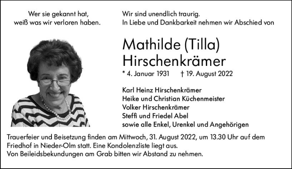  Traueranzeige für Mathilde Hirschenkrämer vom 27.08.2022 aus vrm-trauer AZ Mainz