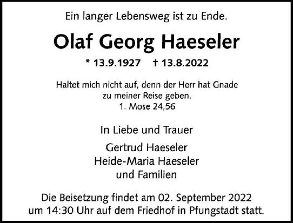  Traueranzeige für Olaf Georg Haeseler vom 27.08.2022 aus vrm-trauer Darmstädter Echo