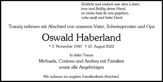 Traueranzeige von Oswald Haberland von vrm-trauer Wiesbadener Kurier