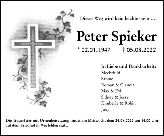 Traueranzeige von Peter Spieker von vrm-trauer Groß-Gerauer Echo