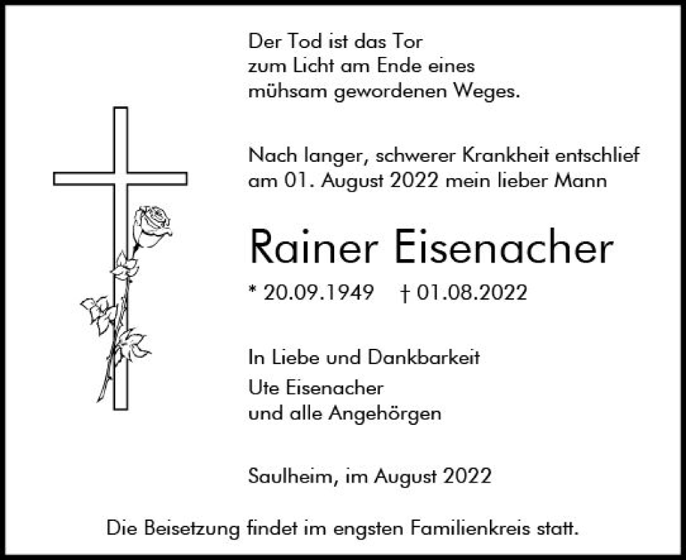  Traueranzeige für Rainer Eisenacher vom 06.08.2022 aus vrm-trauer AZ Mainz