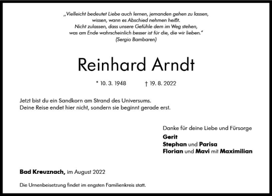 Traueranzeige von Reinhard Arndt von vrm-trauer Allg. Zeitung Bad Kreuznach