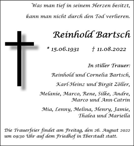 Traueranzeige von Reinhold Bartsch von vrm-trauer Darmstädter Echo