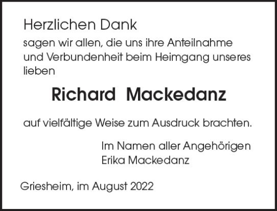 Traueranzeige von Richard Mackedanz von vrm-trauer Darmstädter Echo