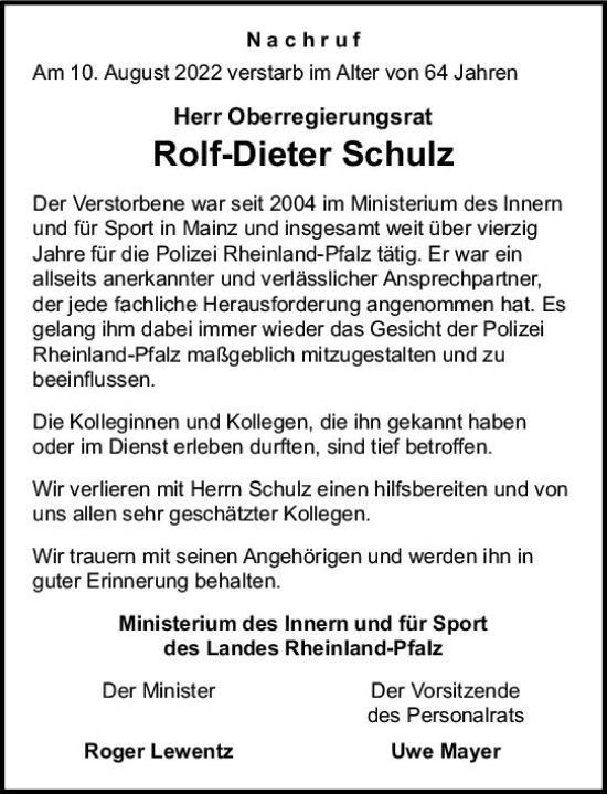 Traueranzeige von Rolf-Dieter Schulz von vrm-trauer AZ Mainz