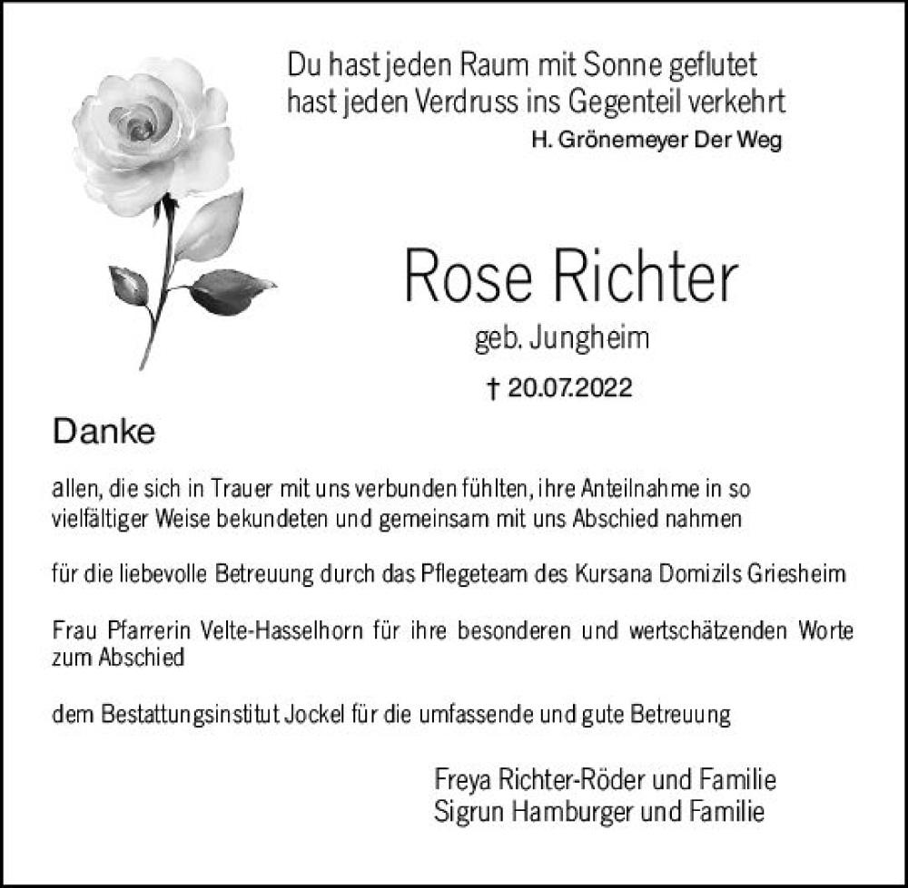  Traueranzeige für Rose Richter vom 06.08.2022 aus vrm-trauer Groß-Gerauer Echo