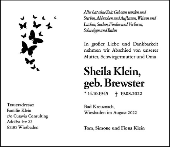Traueranzeige von Sheila Klein von vrm-trauer Allg. Zeitung Bad Kreuznach