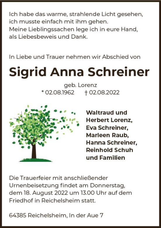 Traueranzeige von Sigrid Anna Schreiner von vrm-trauer Odenwälder Echo