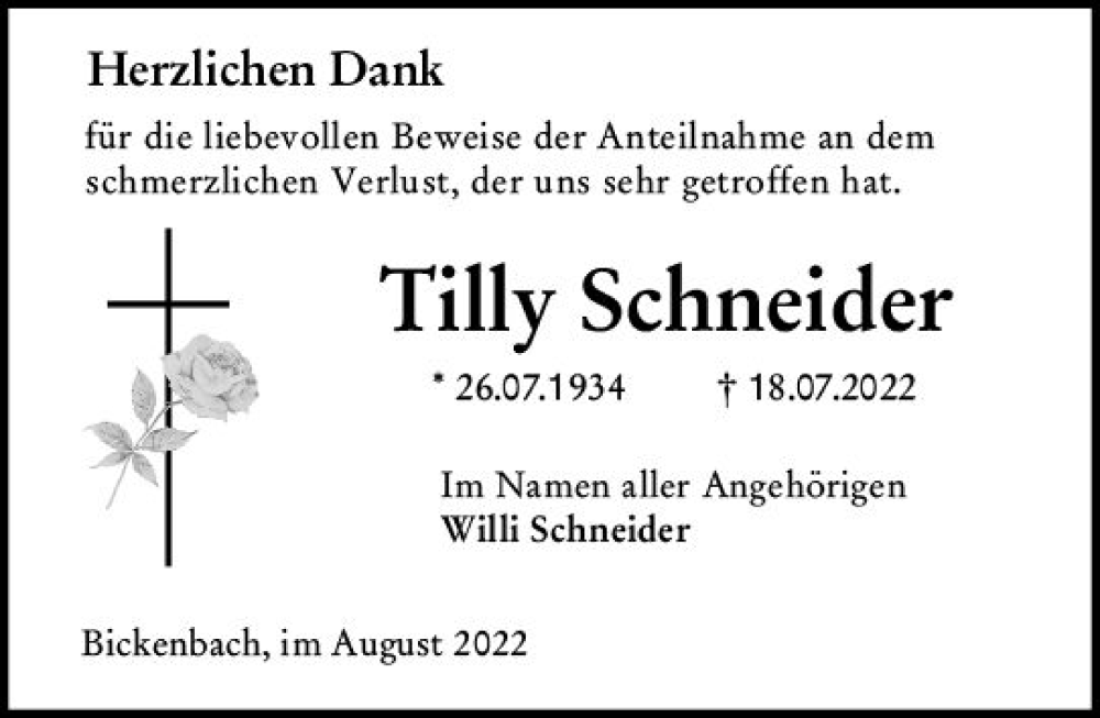  Traueranzeige für Tilly Schneider vom 27.08.2022 aus vrm-trauer Darmstädter Echo