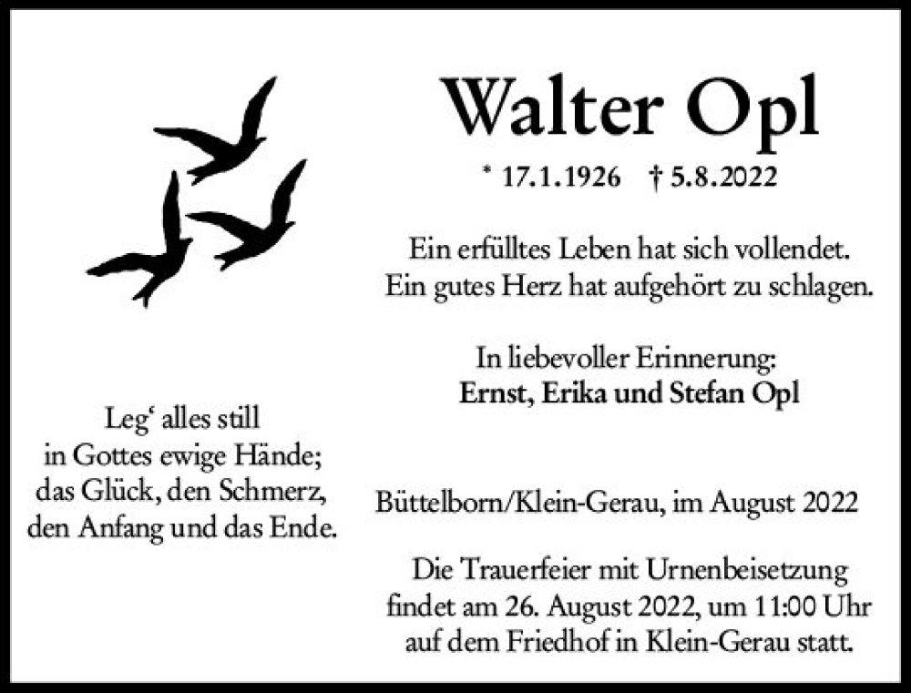  Traueranzeige für Walter Opl vom 13.08.2022 aus vrm-trauer Groß-Gerauer Echo