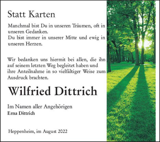 Traueranzeige von Wilfried Dittrich von vrm-trauer Bürstädter/Lamperth. Ztg/Starkenburger